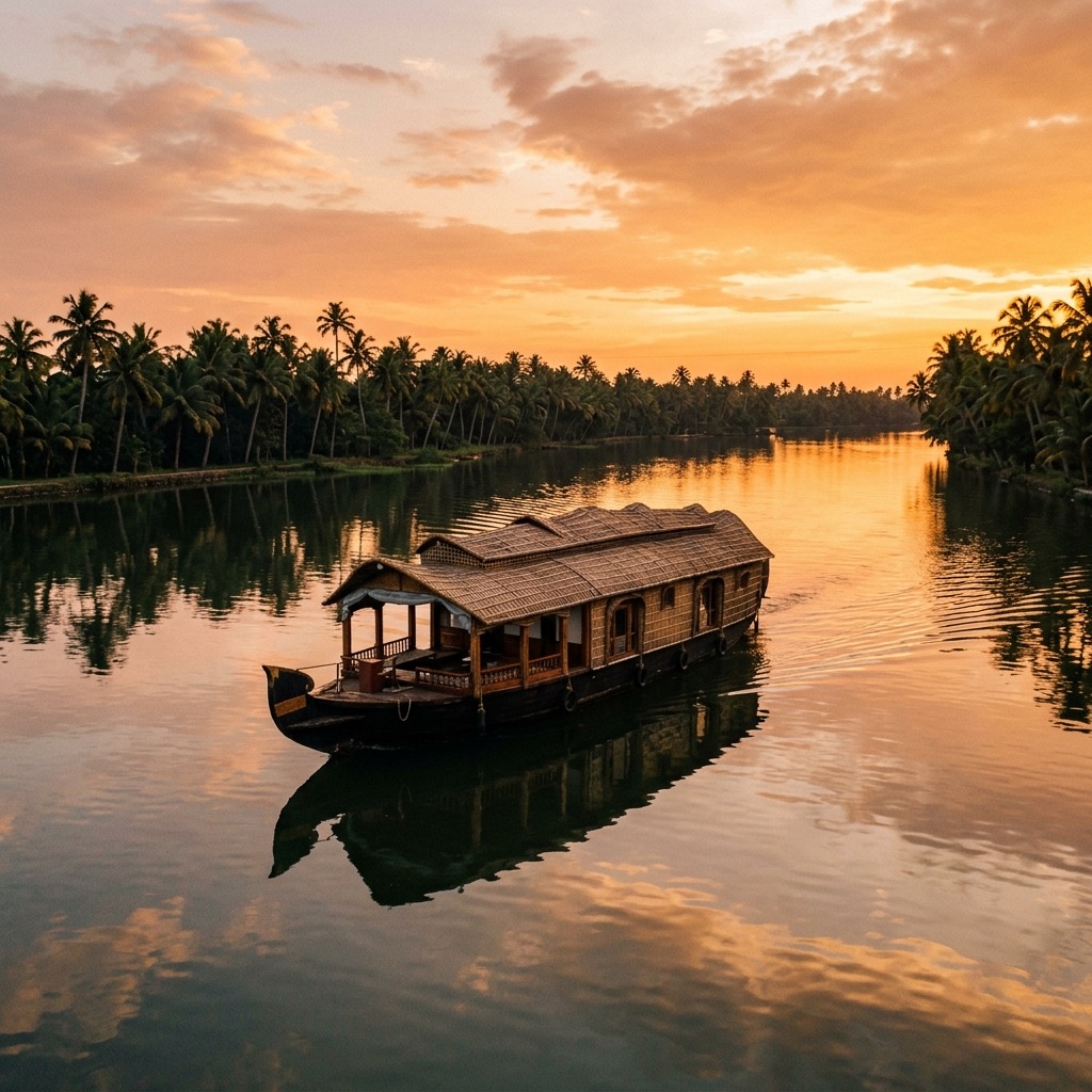 Kerala houseboat on the backwaters at sunset