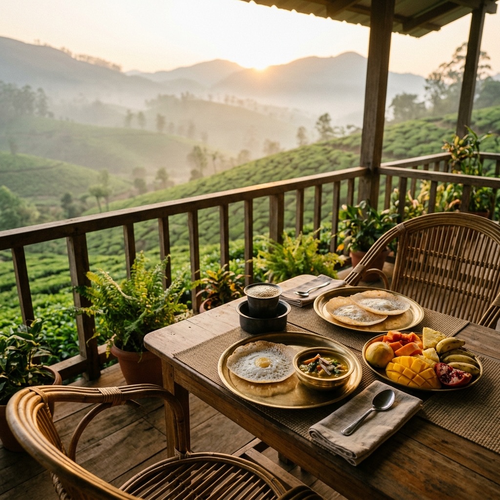 Breakfast on a homestay veranda overlooking tea hills
